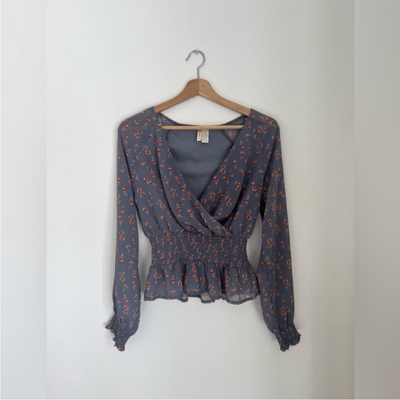 Japna Floral V Neck Shirt Smocked Waist Long Sleeve Womens Blouse - Picture 6 of 8